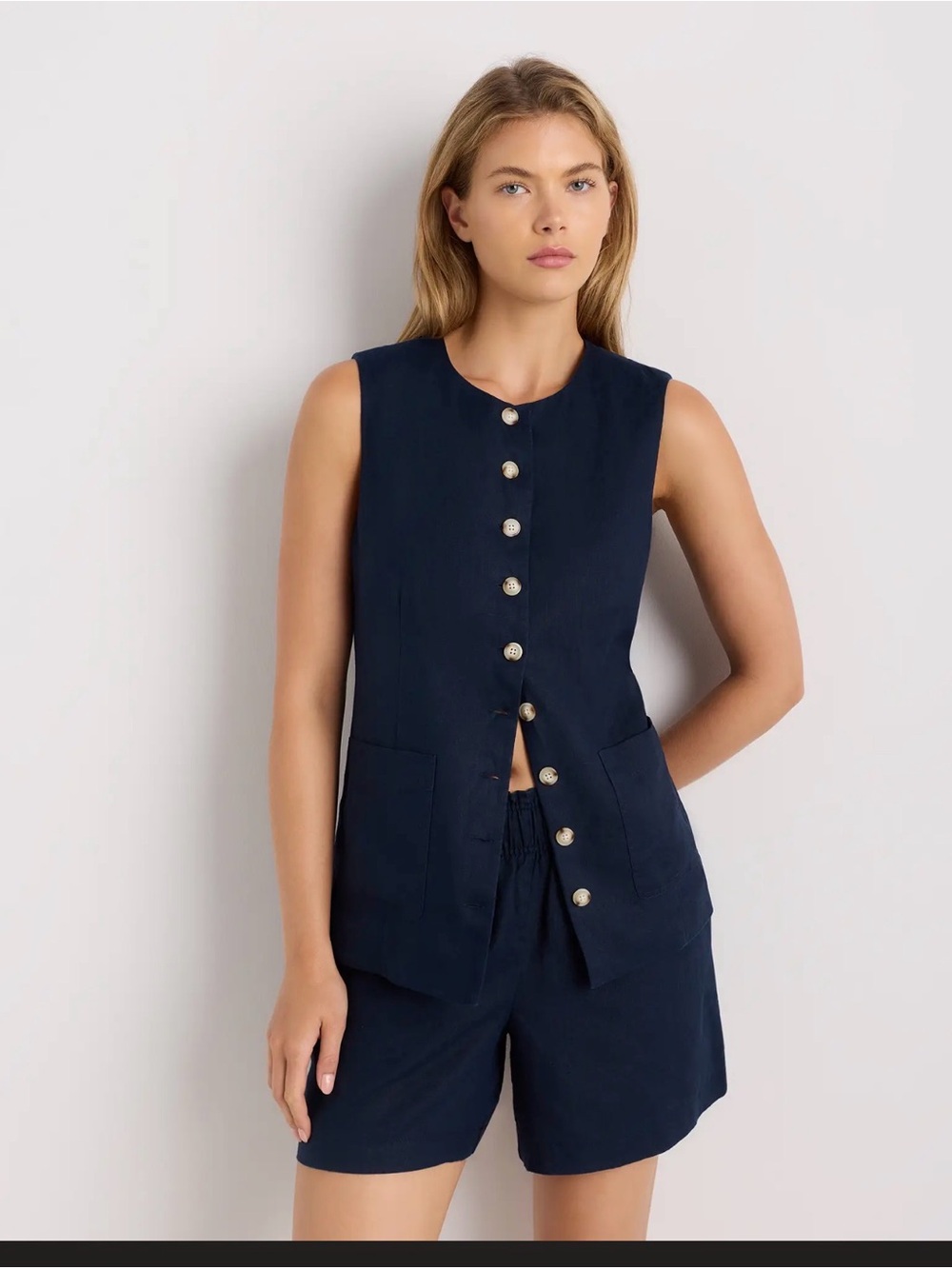 Quince 100% European Linen Longline Vest Deep Navy M